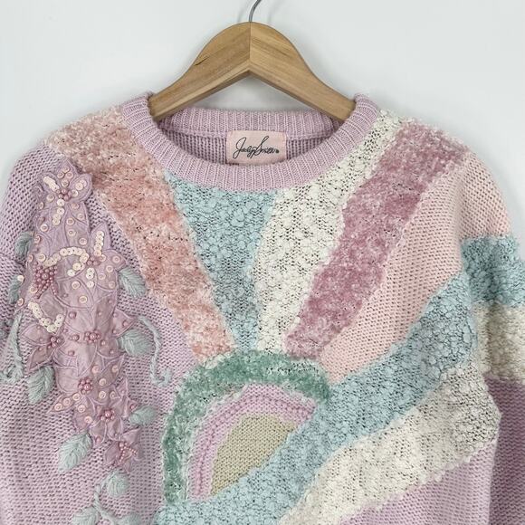 Vintage 80's Jaclyn Smith Sweater Floral Beaded Pastel Chunky Knit Pullover - Picture 2 of 8